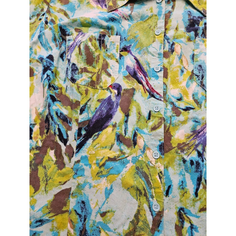 White Stag Womens 3X Tropical Bird Print Cotton Button Front Blouse Teal Green - Picture 2 of 6